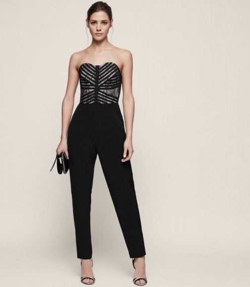 Reiss CIARA LACE BUSTIER JUMPSUIT BLACK ~ evening glamour – party fashion – strapless jumpsuits - flipped