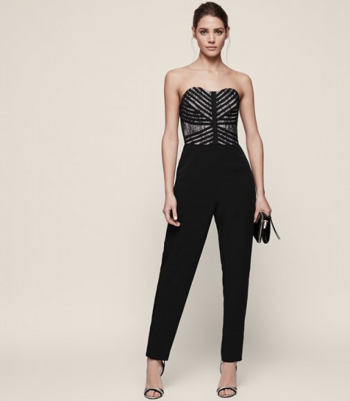 Reiss CIARA LACE BUSTIER JUMPSUIT BLACK ~ evening glamour – party fashion – strapless jumpsuits