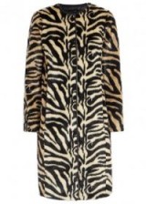 STAND Claire zebra-print faux fur jacket | collarless animal print winter coats