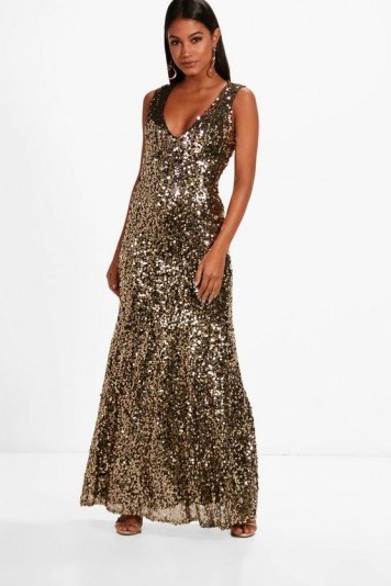 boohoo Clare Sequin Plunge Fishtail Maxi Dress | gold plunging party dresses - flipped
