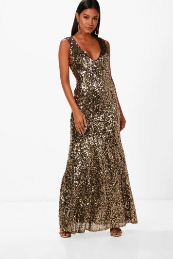 boohoo Clare Sequin Plunge Fishtail Maxi Dress | gold plunging party dresses
