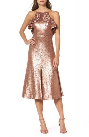 C/MEO Collective Illuminated Sequin Ruffle Midi Dress / shiny metallic-copper party dresses - flipped