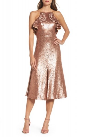 C/MEO Collective Illuminated Sequin Ruffle Midi Dress / shiny metallic-copper party dresses