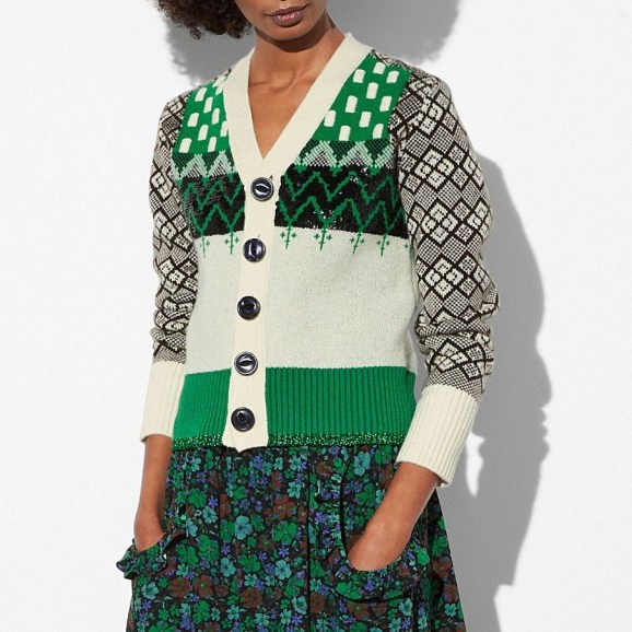 COACH 1941 Jacquard Cardigan | green and white mixed patterned cardigans | vintage style knitwear - flipped