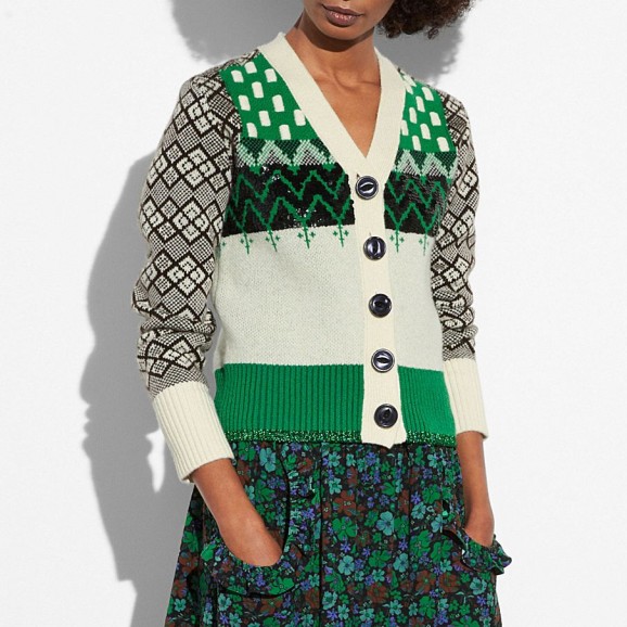 COACH 1941 Jacquard Cardigan | green and white mixed patterned cardigans | vintage style knitwear