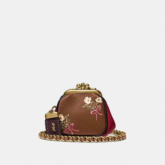 COACH 1941 Kisslock Pouch In Glovetanned Nappa Leather With Floral Bow Print | tiny crossbody pouches | small brown floral bags - flipped