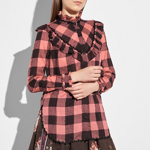 Coach Prairie Check Western Blouse / pink checked cowgirl blouses / frill trim shirts