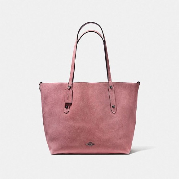 COACH Reversible Large Market Tote In Suede And Crossgrain Leather DARK GUNMETAL/DUSTY ROSE - flipped