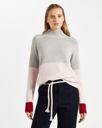 JIGSAW COLOUR BLOCK CASHMERE JUMPER / grey and blush high neck colourblock jumpers - flipped