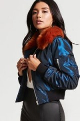 FOREVER 21 Contemporary Bomber Jacket | blue and orange fur collar jackets