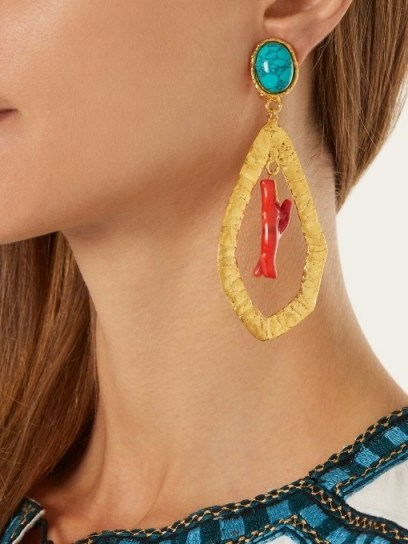 SYLVIA TOLEDANO Corail gold-plated clip-on drop earrings ~ blue, coral and gold ~ statement jewellery - flipped