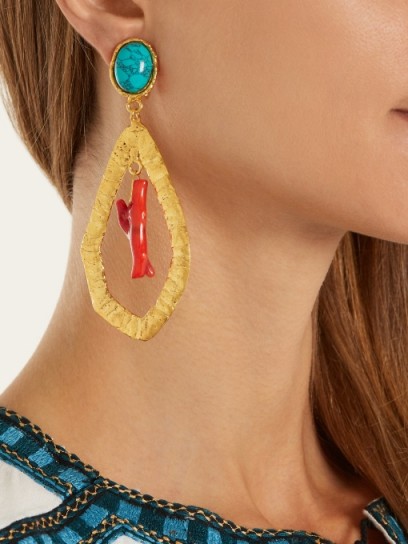 SYLVIA TOLEDANO Corail gold-plated clip-on drop earrings ~ blue, coral and gold ~ statement jewellery