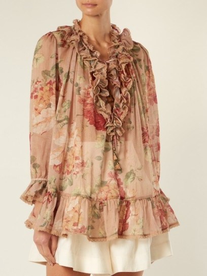 ZIMMERMANN Corsair floral-print ruffle-trimmed blouse ~ tonal-pink printed blouses ~ boho chic - flipped