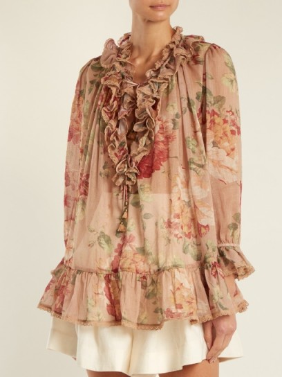 ZIMMERMANN Corsair floral-print ruffle-trimmed blouse ~ tonal-pink printed blouses ~ boho chic
