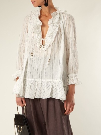 ZIMMERMANN Corsair ruffled pinstriped cotton-blend blouse ~ chic boho blouses / ruffles - flipped