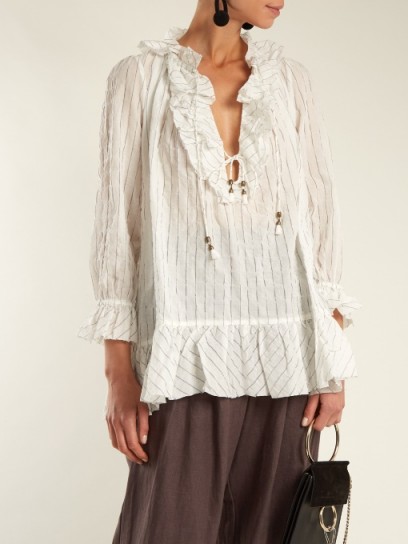 ZIMMERMANN Corsair ruffled pinstriped cotton-blend blouse ~ chic boho blouses / ruffles