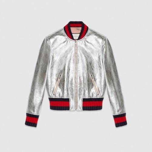 GUCCI Crackle leather bomber jacket | metallic silver jackets - flipped