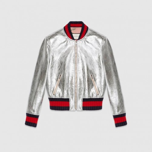 GUCCI Crackle leather bomber jacket | metallic silver jackets