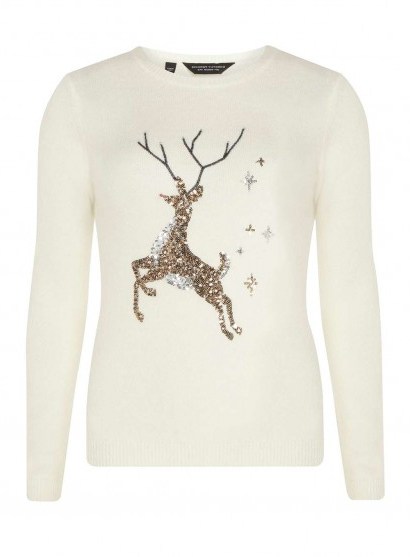 Dorothy Perkins Cream Sequin Reindeer Jumper – sparkly Christmas jumpers - flipped