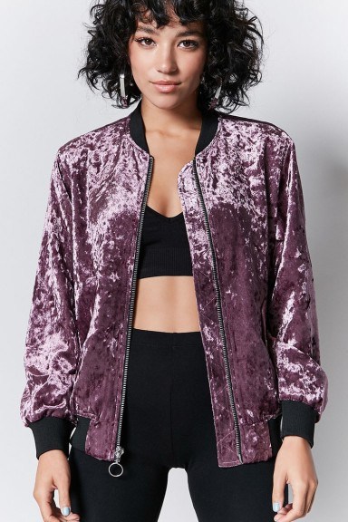 FOREVER 21 Crushed Velvet Bomber Jacket | purple luxe style jackets - flipped