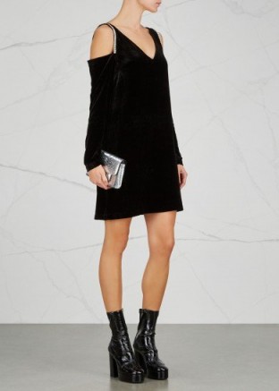 MCQ ALEXANDER MCQUEEN Crystal-embellished velvet mini dress ~ black cold shoulder evening dresses ~ chic lbd