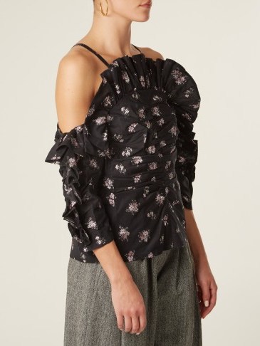 REBECCA TAYLOR Cut-out shoulder floral fil coupé top ~ ruffled cold shoulder tops - flipped