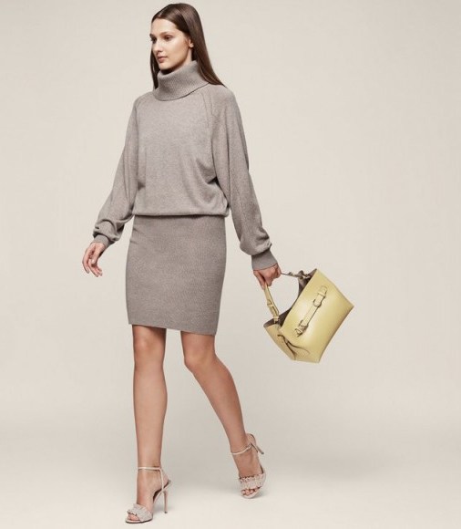 REISS CYRA KNITTED ROLLNECK DRESS NATURAL ~ chic high neck sweater dresses ~ stylish knitwear - flipped