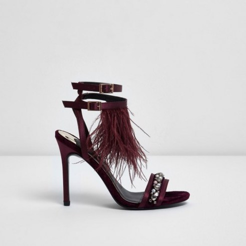 River Island Dark red feather embellished sandals | strappy evening heels - flipped