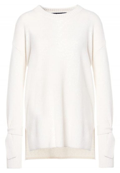 Kourtney Kardashian white tie sleeve sweater, DESIGNERS REMIX SYDNI RUFFLE TIE Jumper ivory, out in Beverly Hills, October 2017. Celebrity jumpers | star style knitwear - flipped