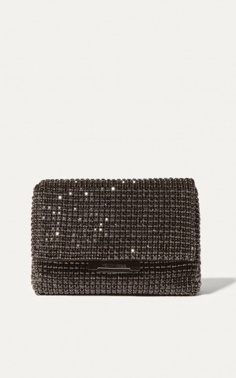 KAREN MILLEN DIAMONTE FOLDOVER CLUTCH BAG – BLACK / small sparkly diamante evening bags - flipped