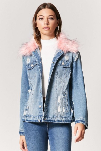 FOREVER 21 Distressed Faux Fur Collar Denim Jacket | blue and fluffy pink collar jackets - flipped