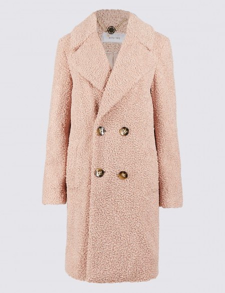 PER UNA Double Breasted Coat ~ pale pink teddy coats ~ M&S outerwear - flipped