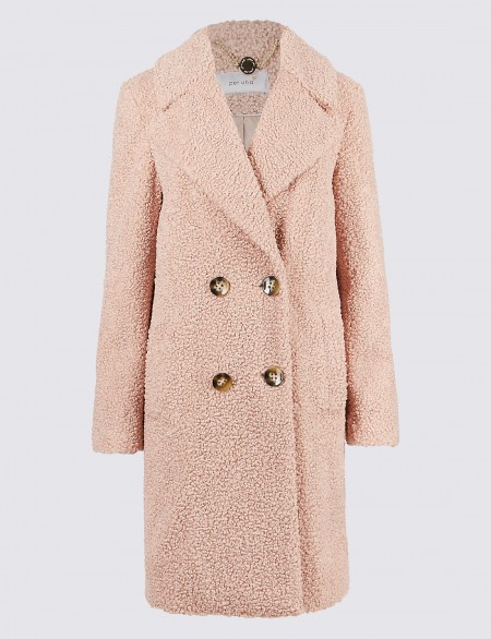 PER UNA Double Breasted Coat ~ pale pink teddy coats ~ M&S outerwear