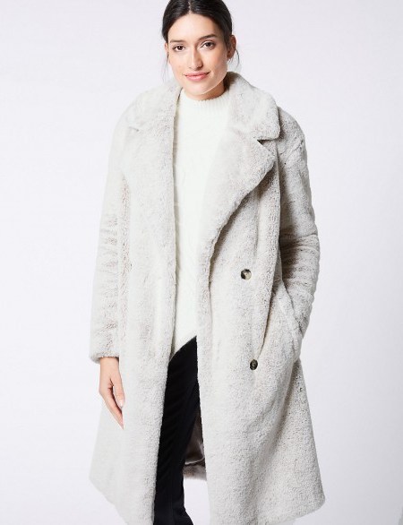 PER UNA Double Breasted Faux Fur Coat ~ luxe style ivory winter coats ~ M&S/Marks and Spencer stylish outerwear - flipped