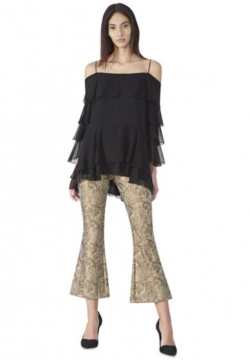 Alice + Olivia DREW 5 POCKET CROPPED FLARE PANT | gold kick flare trousers - flipped
