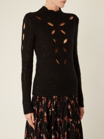 ISABEL MARANT Elea cut-out speckled ribbed-knit top ~ black high neck knitted tops - flipped