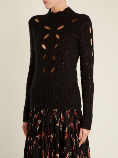 ISABEL MARANT Elea cut-out speckled ribbed-knit top ~ black high neck knitted tops