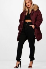 boohoo Eleanor Boutique Padded Coat With Faux Fur Trim | burgundy winter coats
