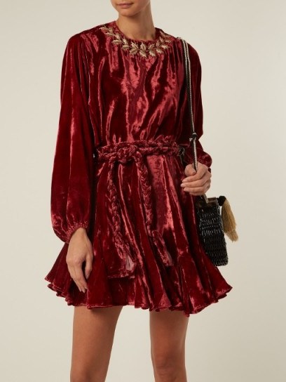 RHODE RESORT Ella tie-waist embroidered velvet dress ~ burgundy-red dresses ~ boho chic - flipped
