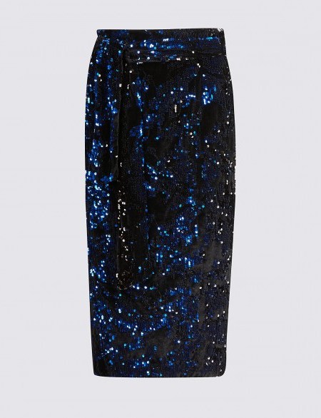 M&S COLLECTION Embellished Sequin Pencil Midi Skirt / sparkling blue party skirts - flipped