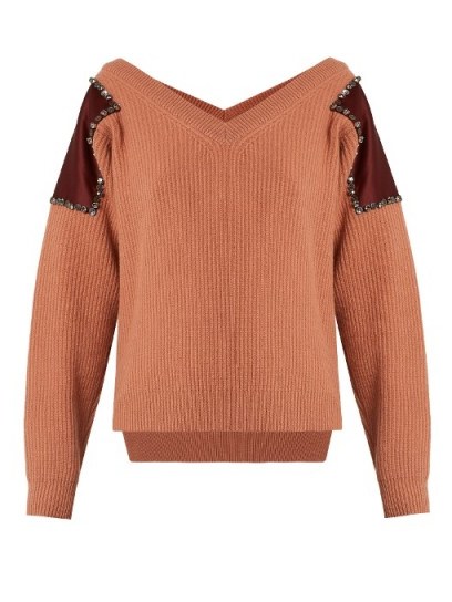 NO. 21 Embellished shoulder-patch wool sweater ~ pink bardot ribbed knit sweaters - flipped
