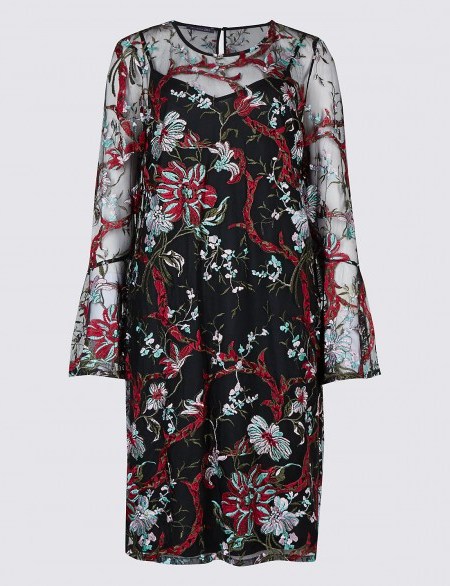 M&S COLLECTION Embroidered Botanical Mesh Tunic Midi Dress / semi sheer party dresses - flipped