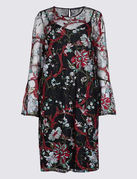M&S COLLECTION Embroidered Botanical Mesh Tunic Midi Dress / semi sheer party dresses