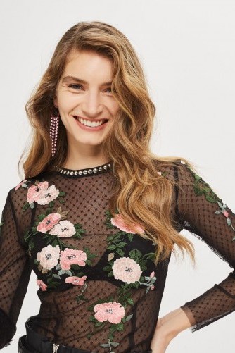 TOPSHOP Embroidered Floral Mesh Top / sheer tops - flipped