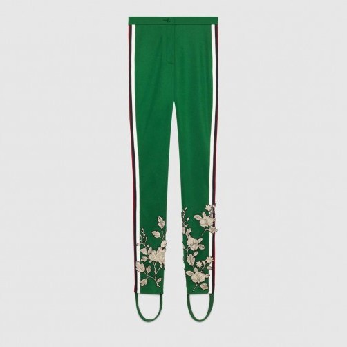 GUCCI Embroidered jersey stirrup legging | green floral leggings - flipped