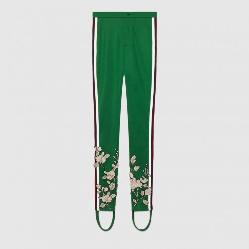 GUCCI Embroidered jersey stirrup legging | green floral leggings