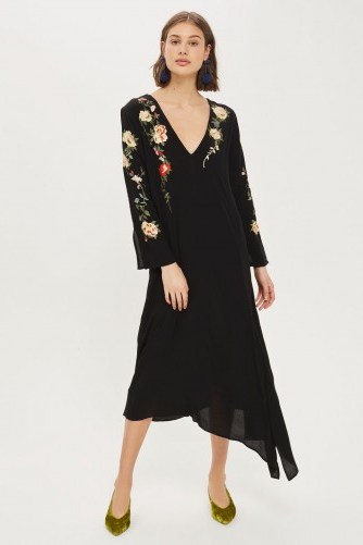 TOPSHOP Embroidered V-Back Midi Dress / black asymmetric floral dresses - flipped