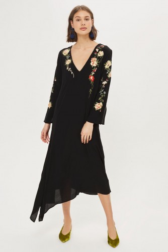TOPSHOP Embroidered V-Back Midi Dress / black asymmetric floral dresses