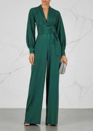 DHELA Emerald silk jumpsuit ~ green wrap waist jumpsuits - flipped