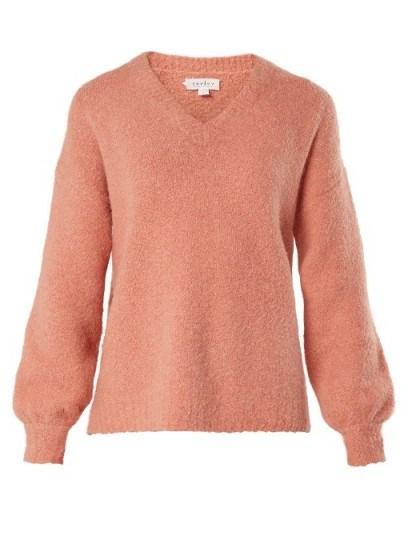 VELVET BY GRAHAM & SPENCER Erin V-neck bouclé sweater ~ pink sweaters - flipped